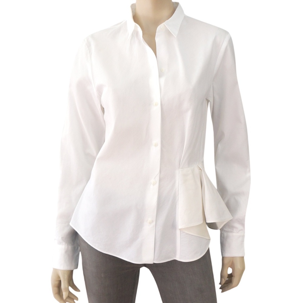 THEORY WHITE COTTON PEPLUM RUFFLE BUTTON SHIRT